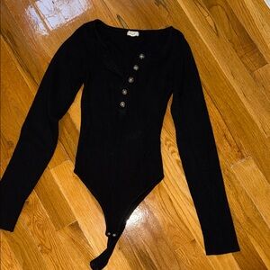 Garage Black Ribbed Long-Sleeve Henley Bodysuit